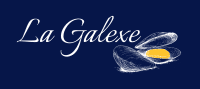 Logo La Galexe : texte blanc cursif sur fond bleu nuit, accompagné d'une huître dessinée ouverte montrant sa chair jaune.