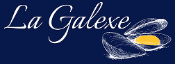 Logo 'La Galexe' en écriture cursive blanche sur fond bleu marine, accompagné d'un dessin stylisé de moules ouvertes dont une contient une touche de jaune.