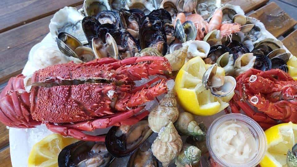 Luxueux plateau de fruits de mer frais sur glace: langoustine rouge, huîtres, moules, palourdes et bulots, avec citron et sauce.